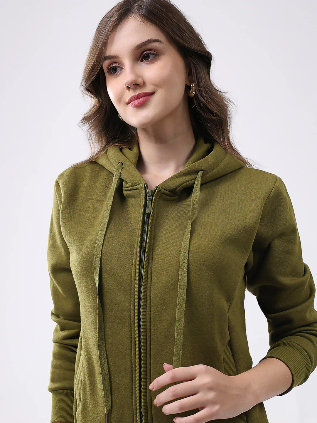 Women Olive Solid Hooded Full Sleeve Sweatshirt - Image 7