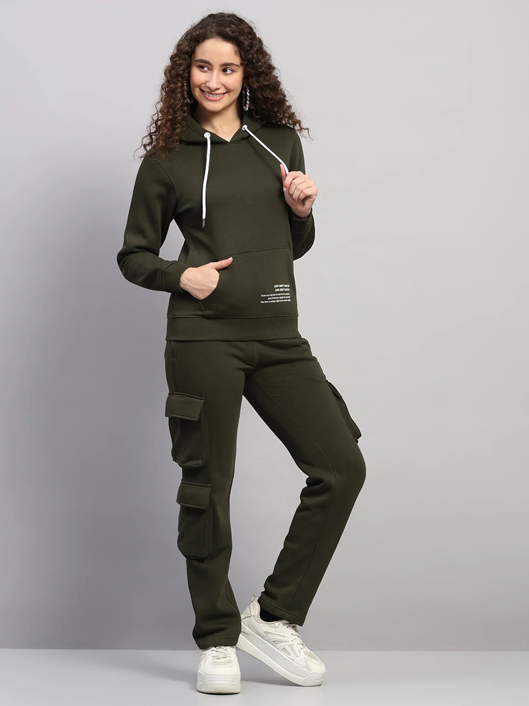 Rock.it Women Olive Solid Hooded Full Sleeve Winter Tracksuit - Image 4
