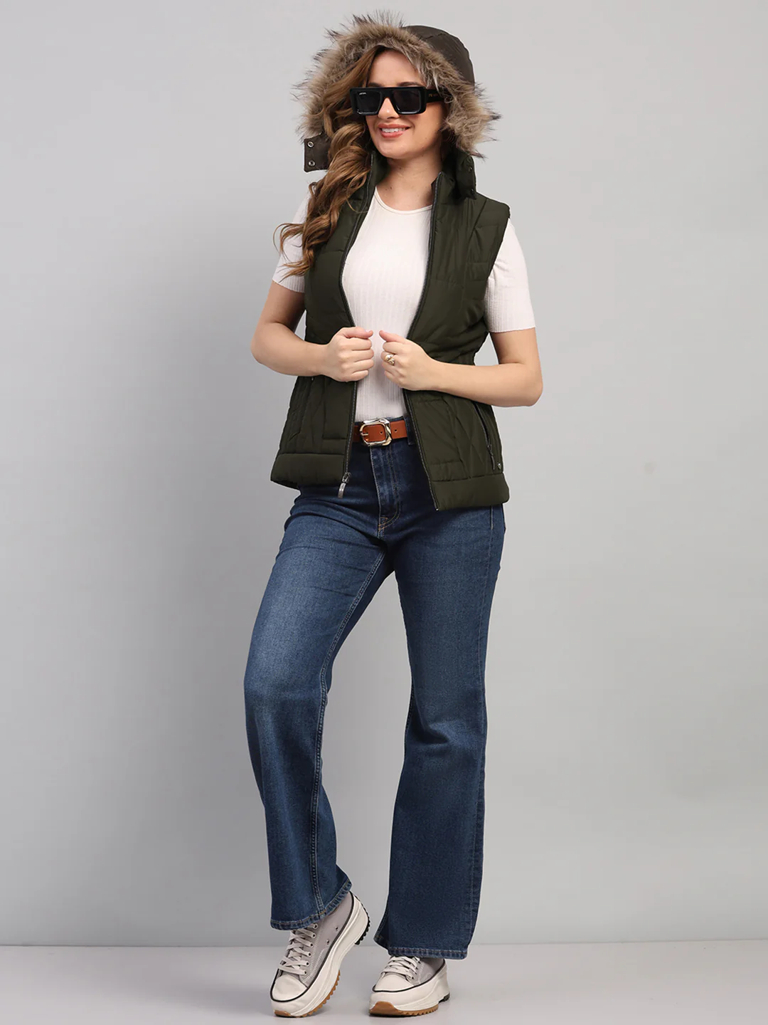 Women Olive Solid Hooded Sleeveless Jacket - Image 2