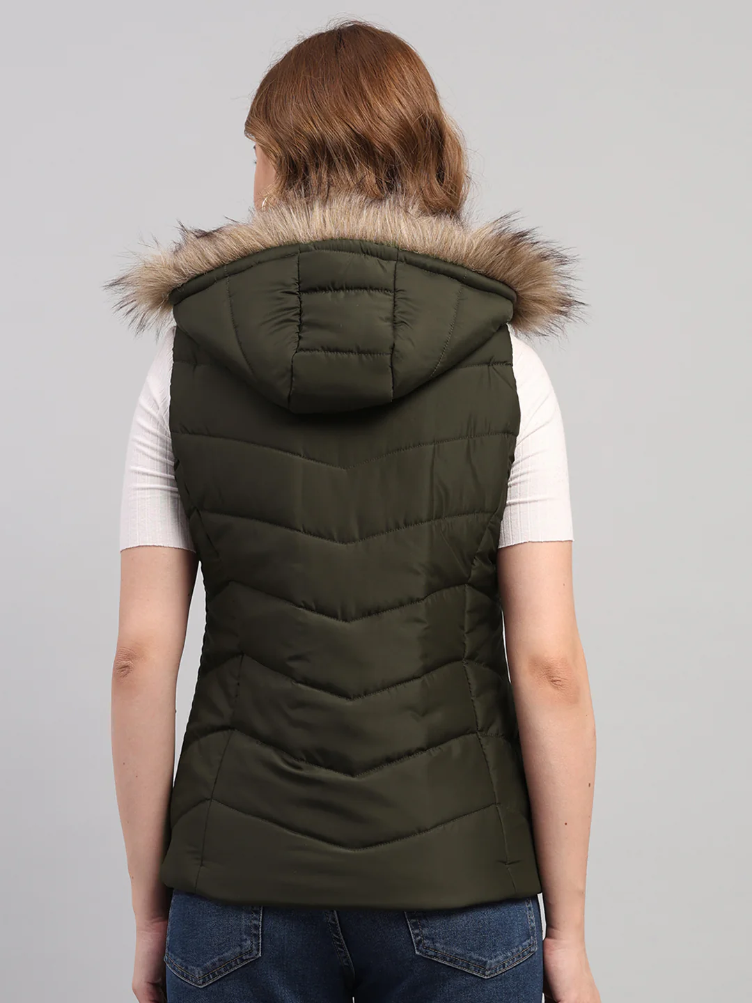 Women Olive Solid Hooded Sleeveless Jacket - Image 5