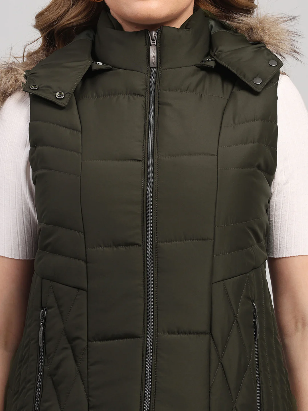 Women Olive Solid Hooded Sleeveless Jacket - Image 6