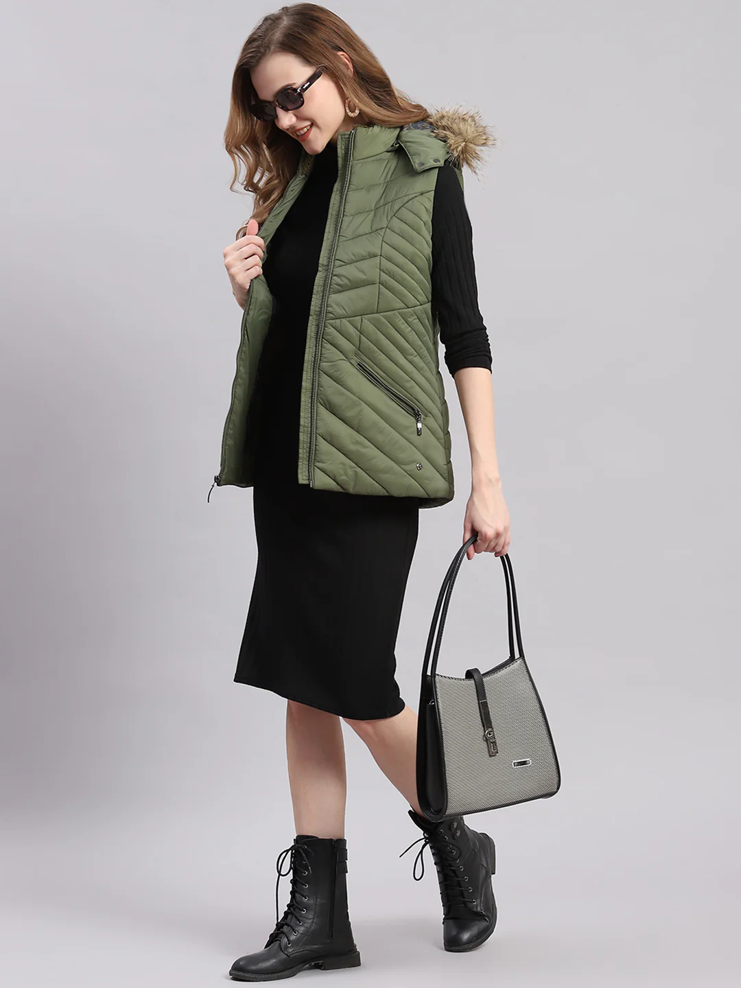 Women Olive Solid Hooded Sleeveless Jackets - Image 2