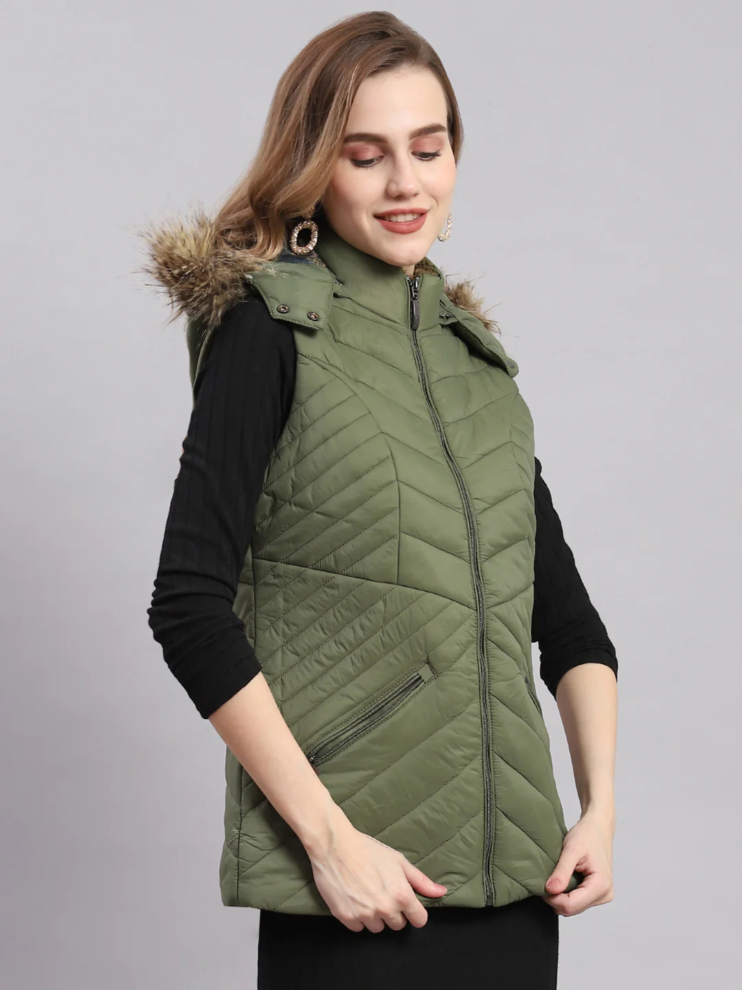 Women Olive Solid Hooded Sleeveless Jackets - Image 4