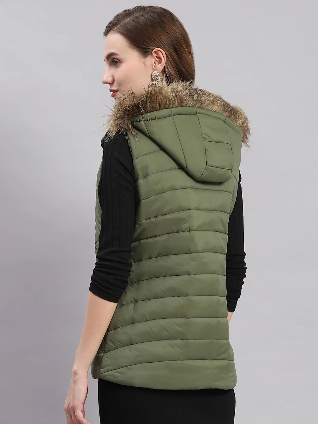 Women Olive Solid Hooded Sleeveless Jackets - Image 5