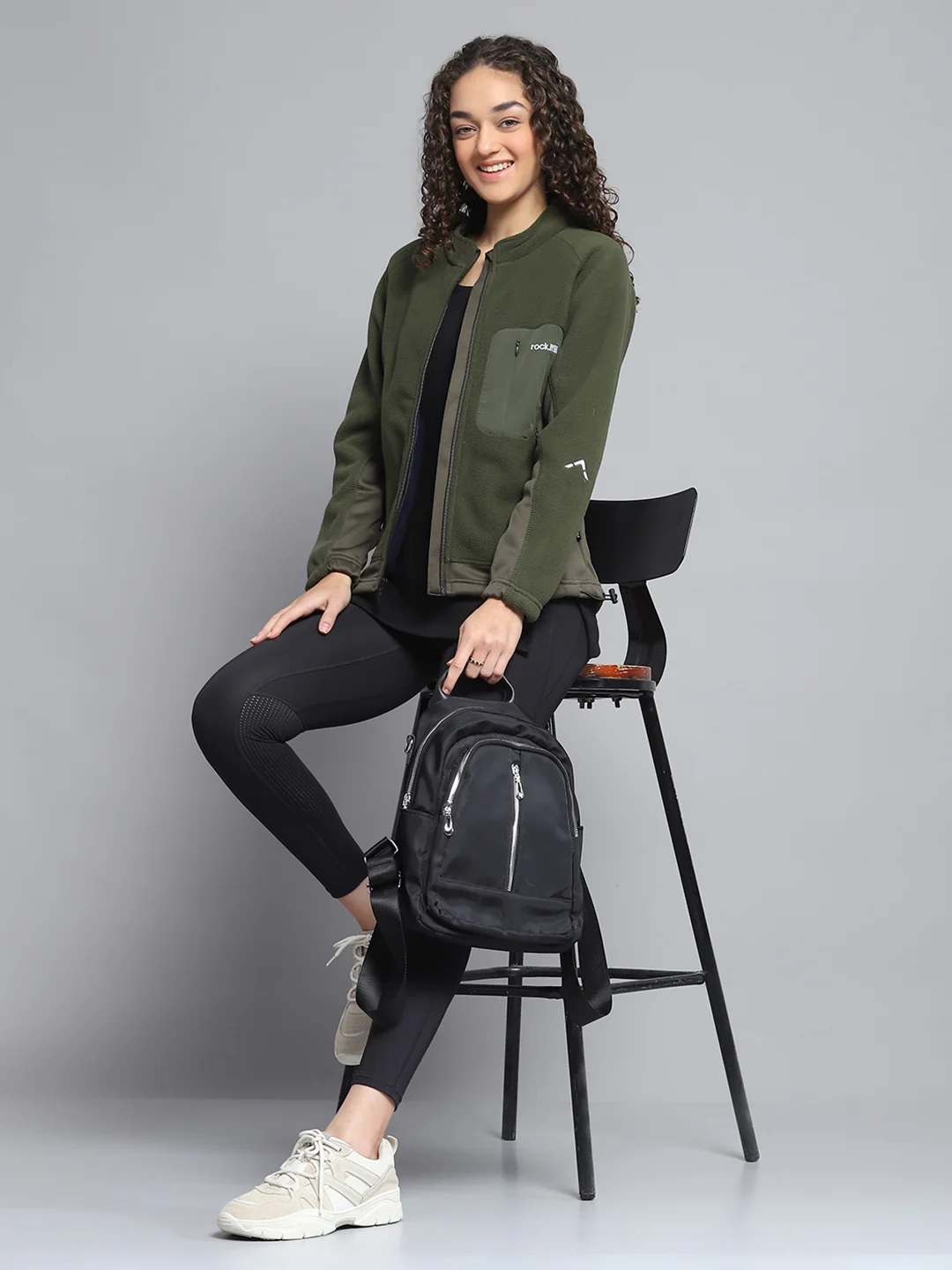 Rock.it Women Olive Solid Mock Neck Full Sleeve Sweatshirt - Image 2