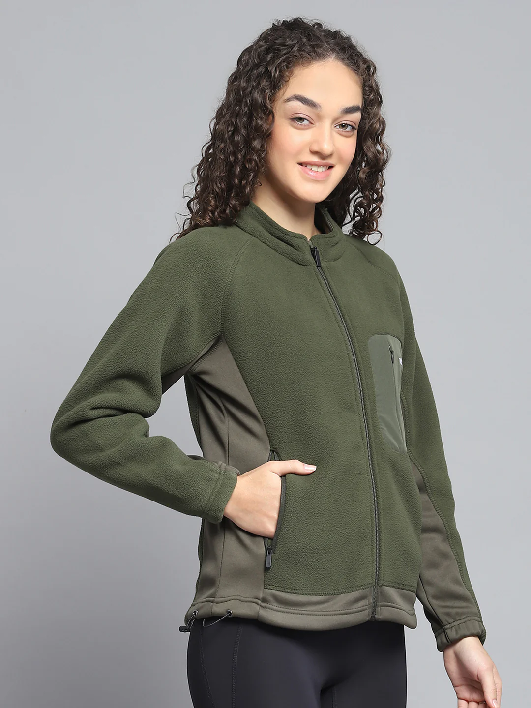 Rock.it Women Olive Solid Mock Neck Full Sleeve Sweatshirt - Image 4