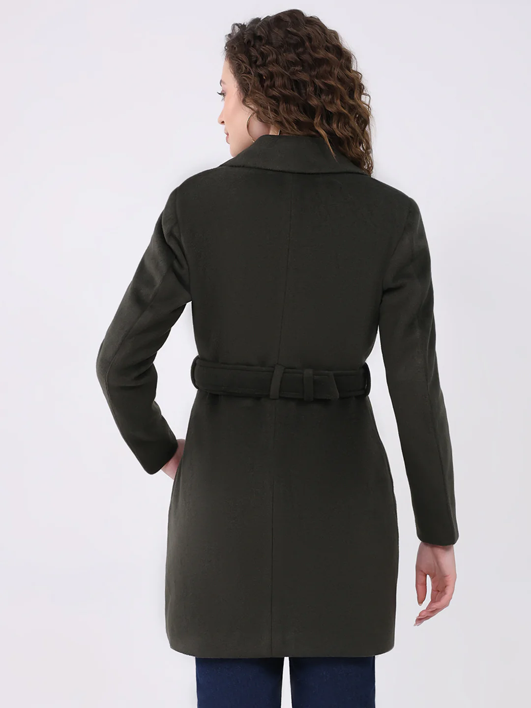 Women Olive Solid Notch Lapel Collar Full Sleeve Coat - Image 5
