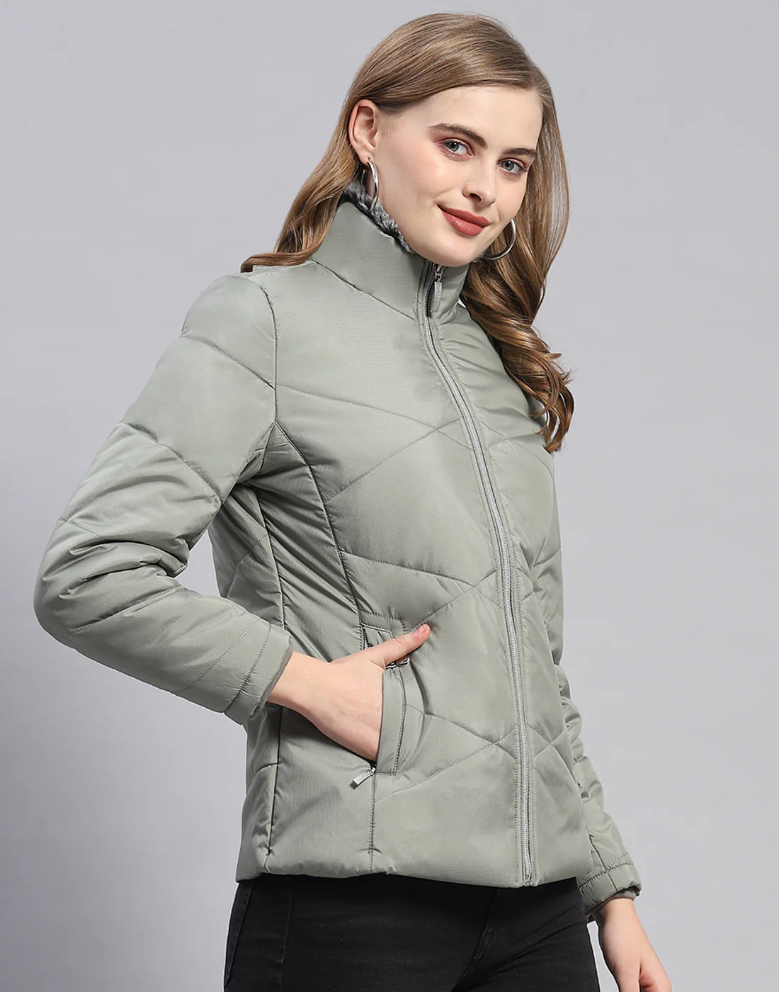 Women Olive Solid Stand Collar Full Sleeve Jacket - Image 4