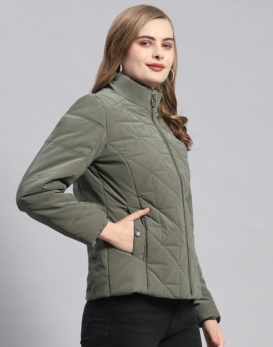 Women Olive Solid Stand Collar Full Sleeve Jacket - Image 4