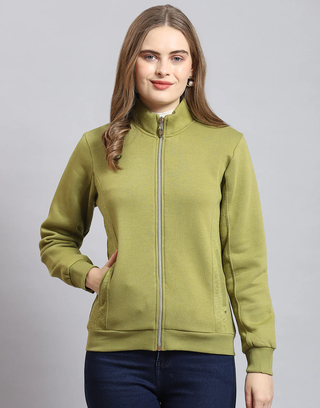 Women Olive Solid Stand Collar Full Sleeve Sweatshirt - Image 2