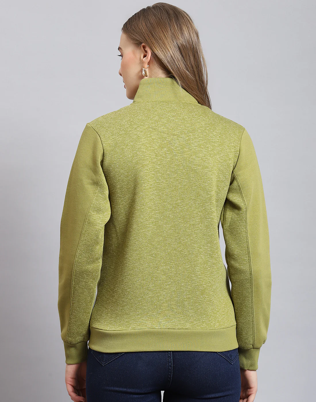 Women Olive Solid Stand Collar Full Sleeve Sweatshirt - Image 5