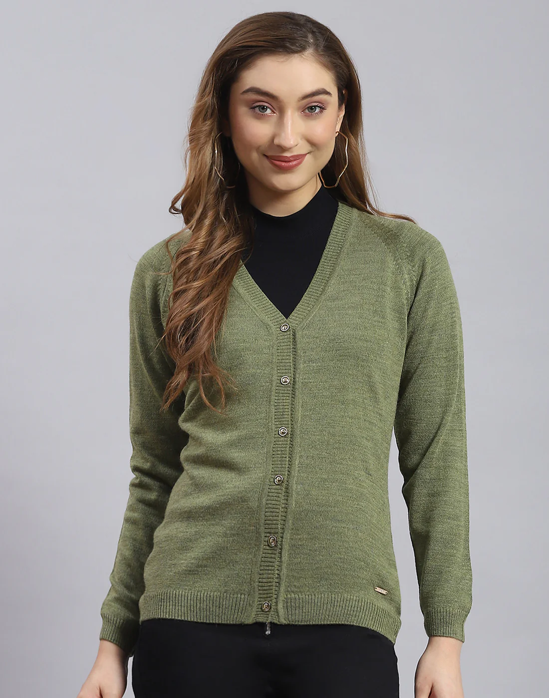 Women Olive Solid V Neck Full Sleeve Sweater - Image 2