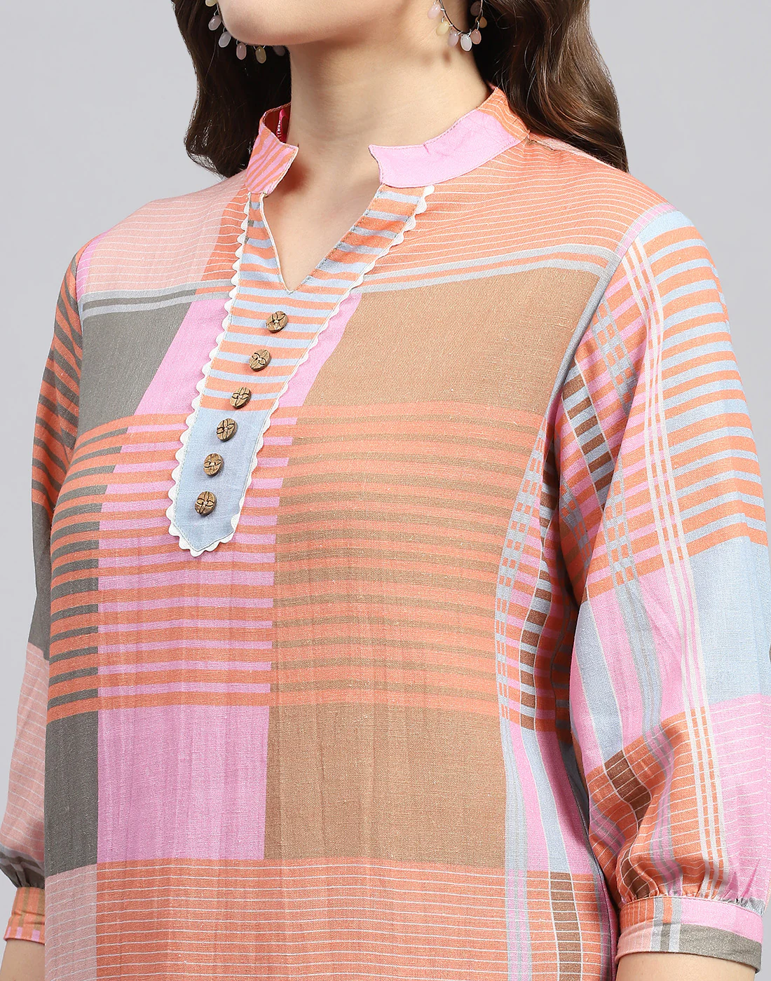 Women Orange Check Mandarin Neck 3/4 Sleeve Top - Image 6