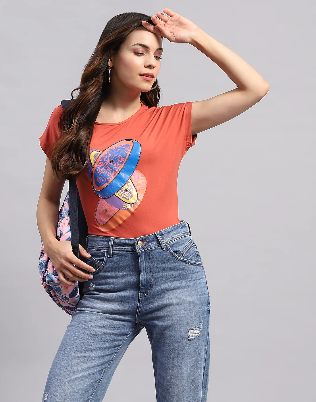 Women Orange Printed Round Neck Half Sleeve Top