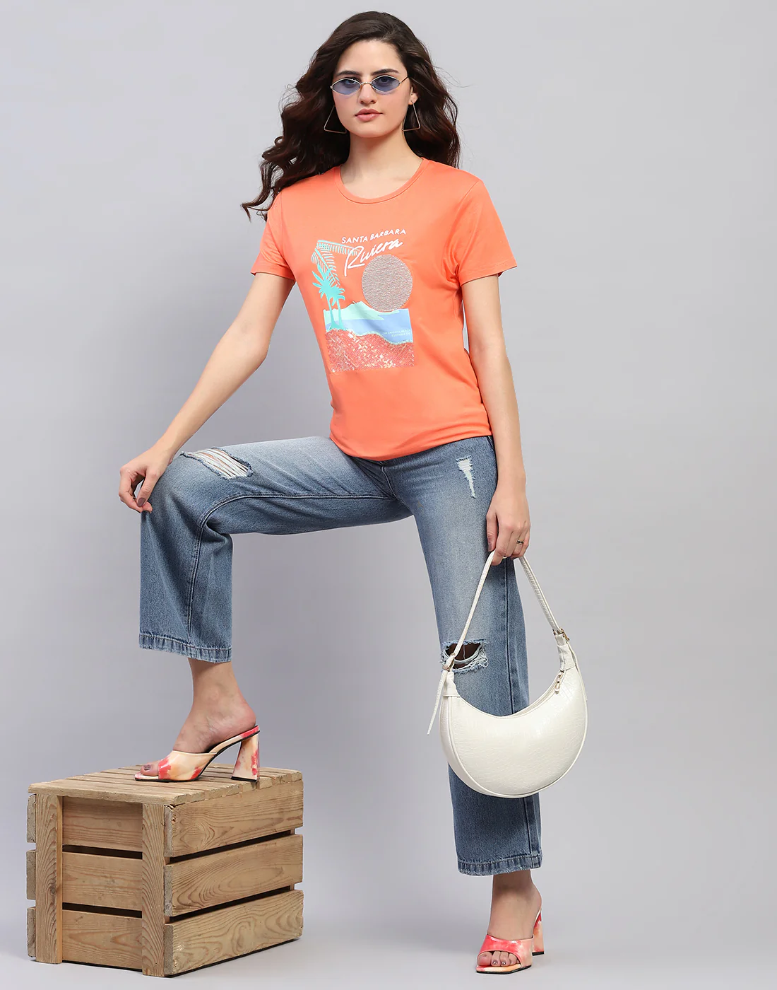 Women Orange Printed Round Neck Half Sleeve Top - Image 2