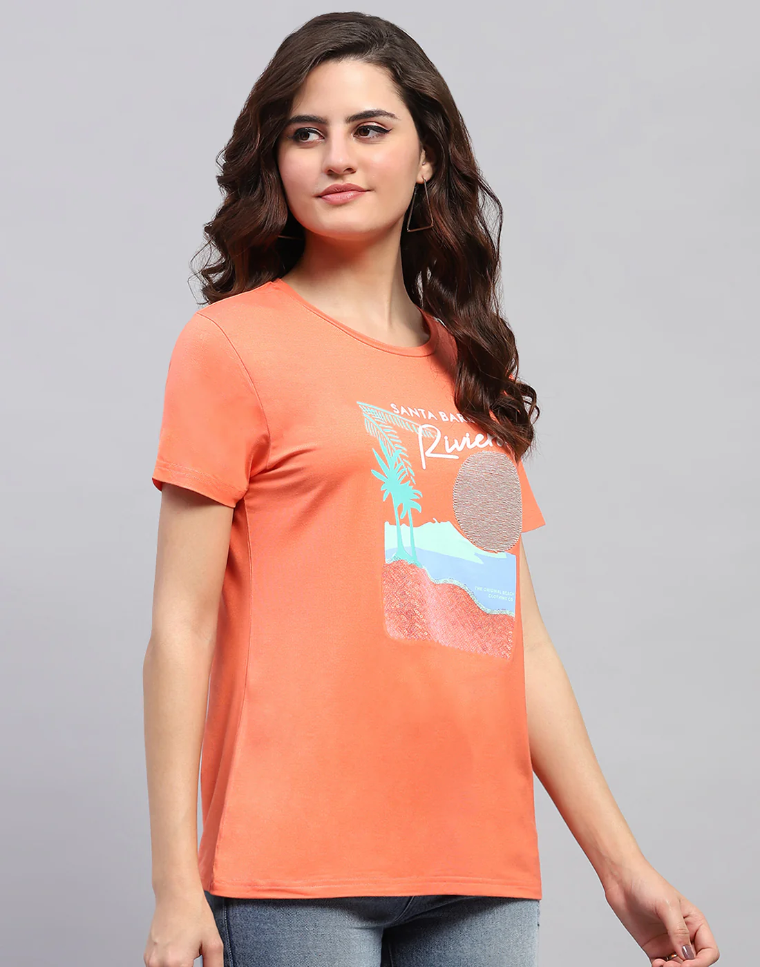 Women Orange Printed Round Neck Half Sleeve Top - Image 4