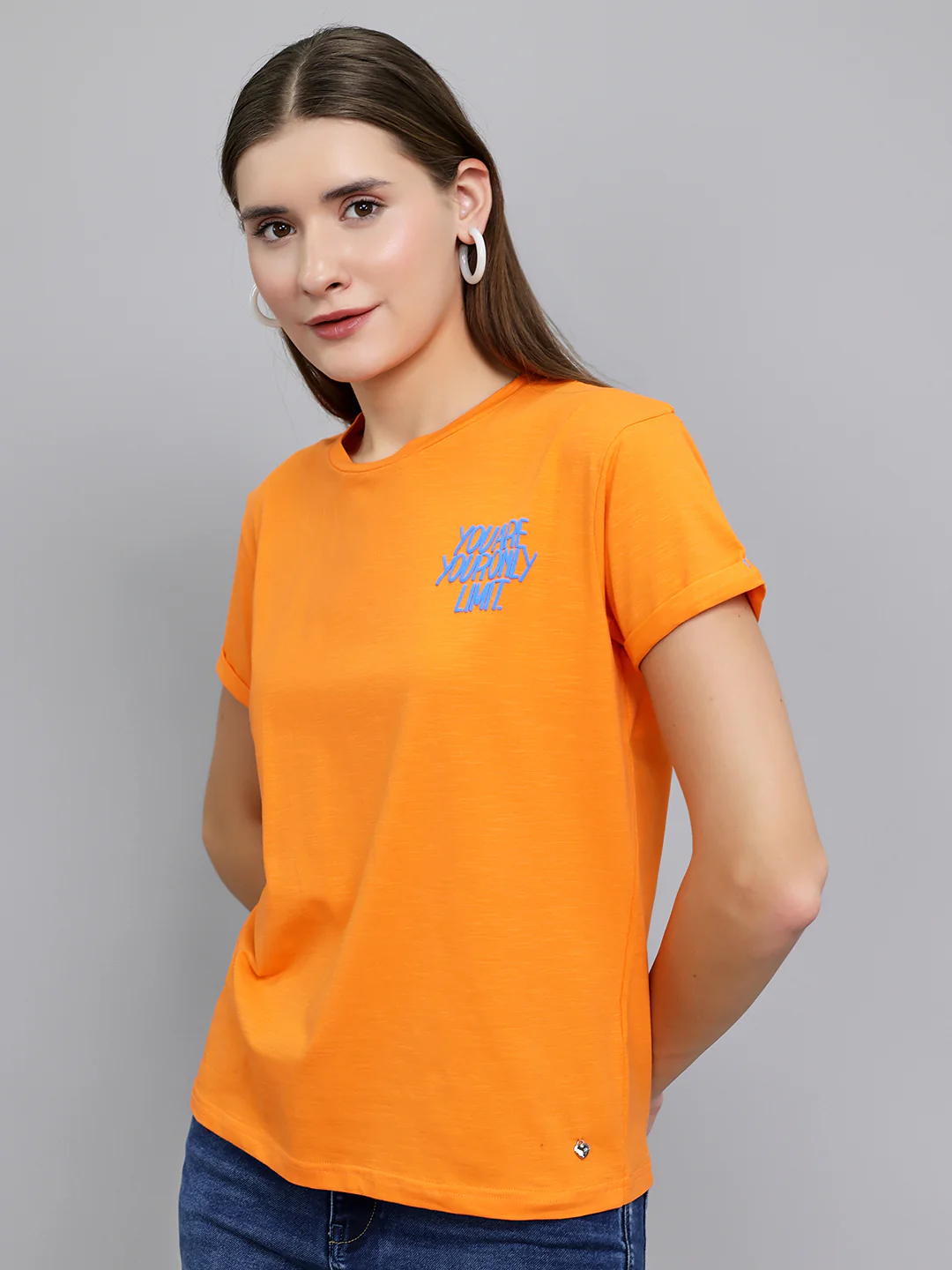 Women Orange Printed Round Neck Half Sleeve Top - Image 2