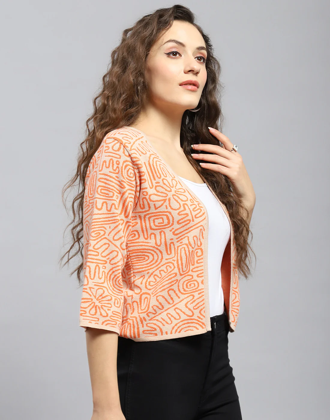 Women Orange Printed V Neck 3/4 Sleeve Shrug - Image 4