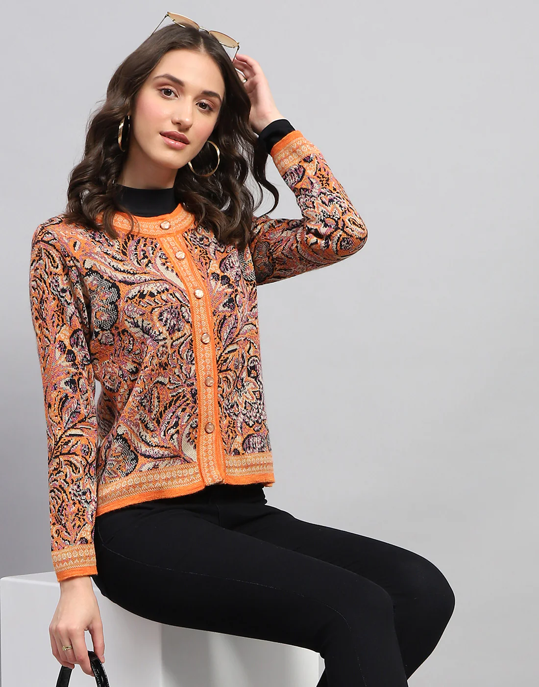 Women Orange Self Design Round Neck Full Sleeve Cardigan - Image 2