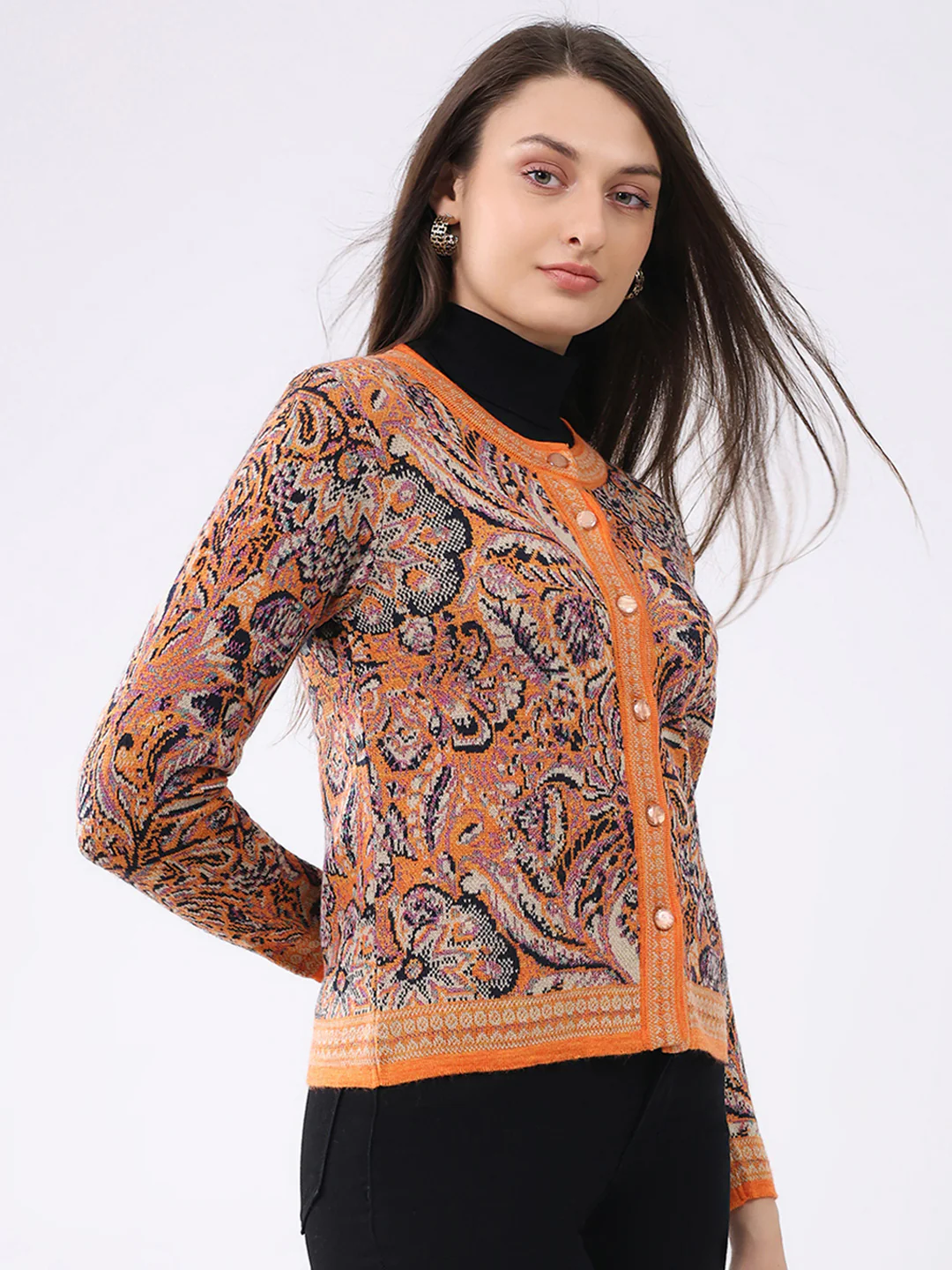 Women Orange Self Design Round Neck Full Sleeve Cardigan - Image 4