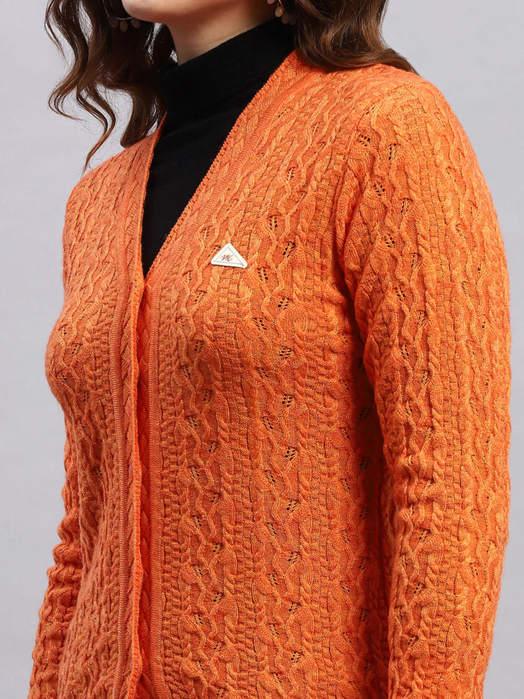 Women Orange Self Design V Neck Full Sleeve Cardigan - Image 7