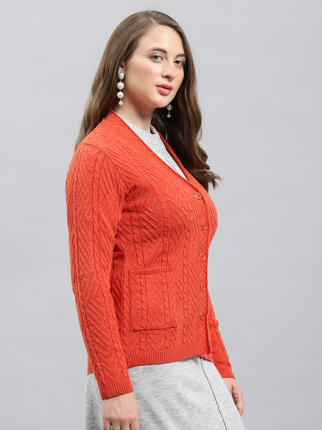 Women Orange Self Design V Neck Full Sleeve Cardigan - Image 4