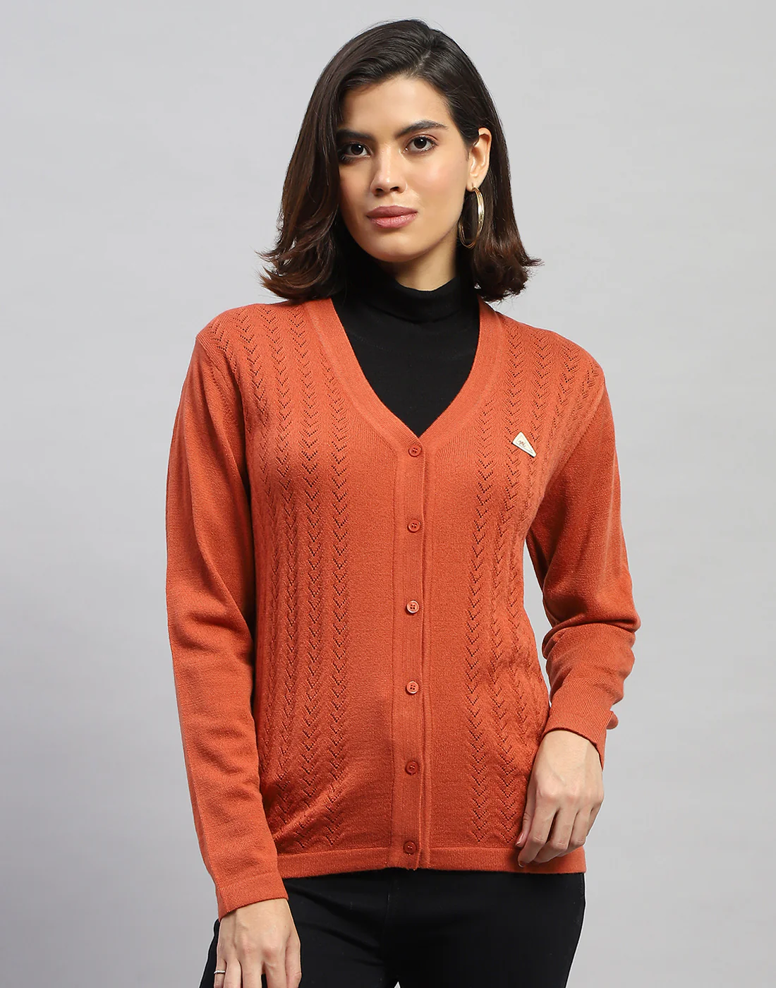 Women Orange Self Design V Neck Full Sleeve Cardigan - Image 2