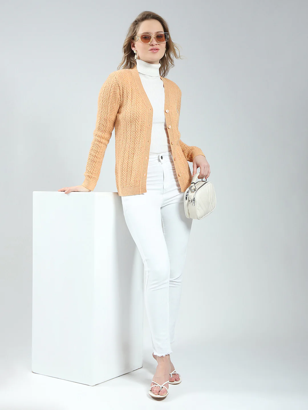 Women Orange Self Design V Neck Full Sleeve Cardigan - Image 2