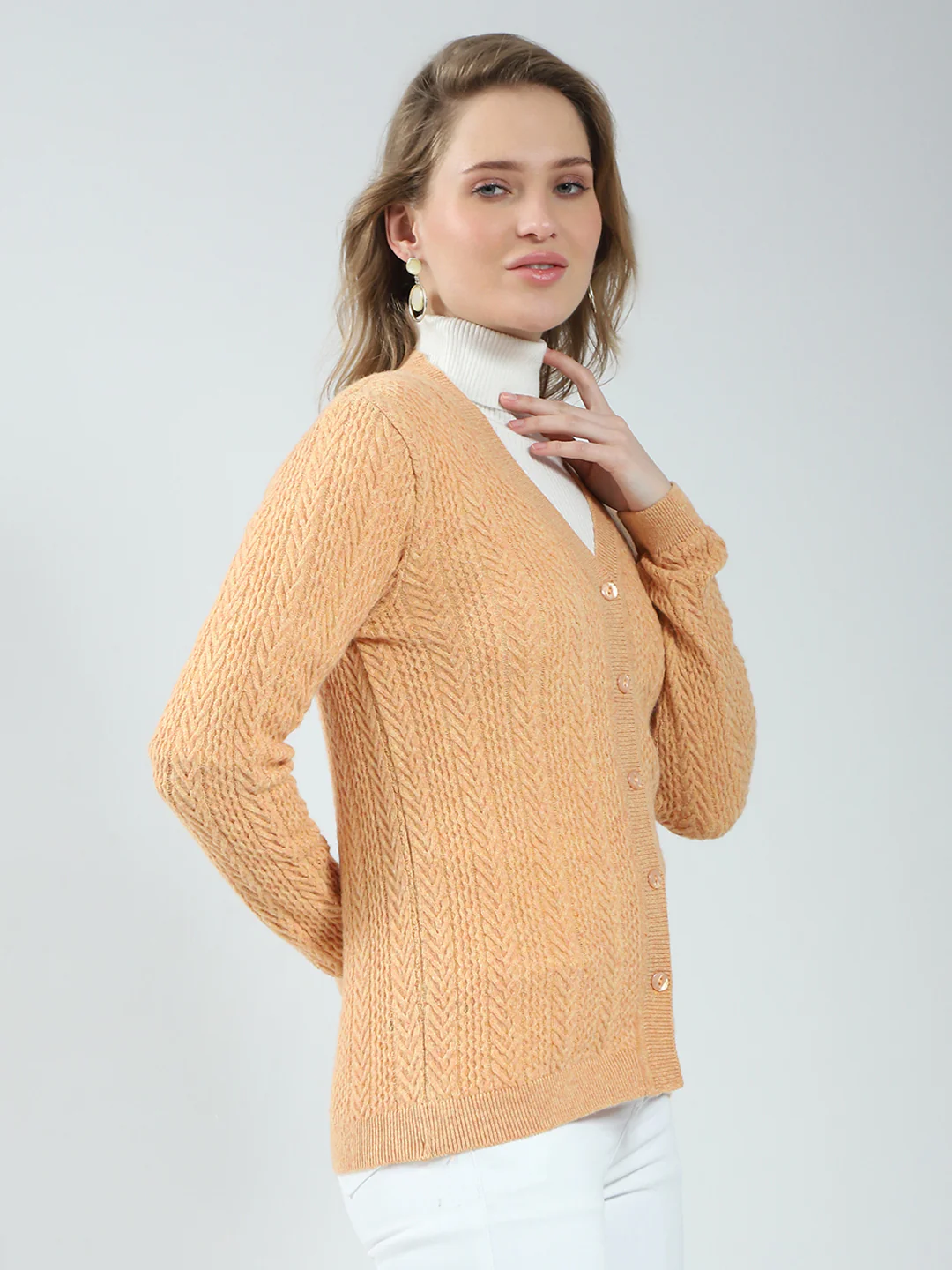 Women Orange Self Design V Neck Full Sleeve Cardigan - Image 4