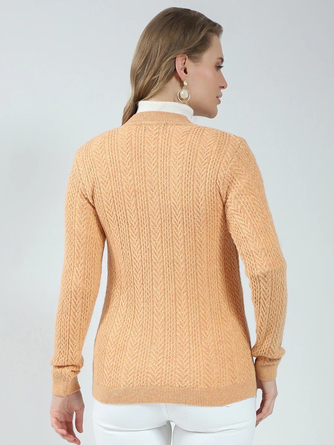 Women Orange Self Design V Neck Full Sleeve Cardigan - Image 5