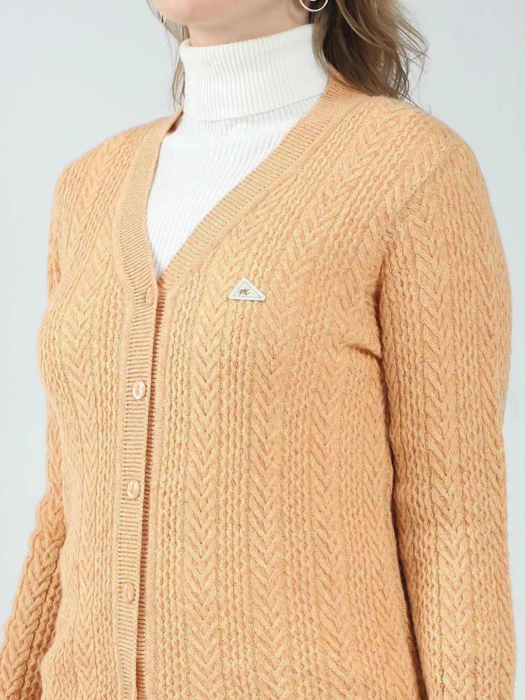 Women Orange Self Design V Neck Full Sleeve Cardigan - Image 6