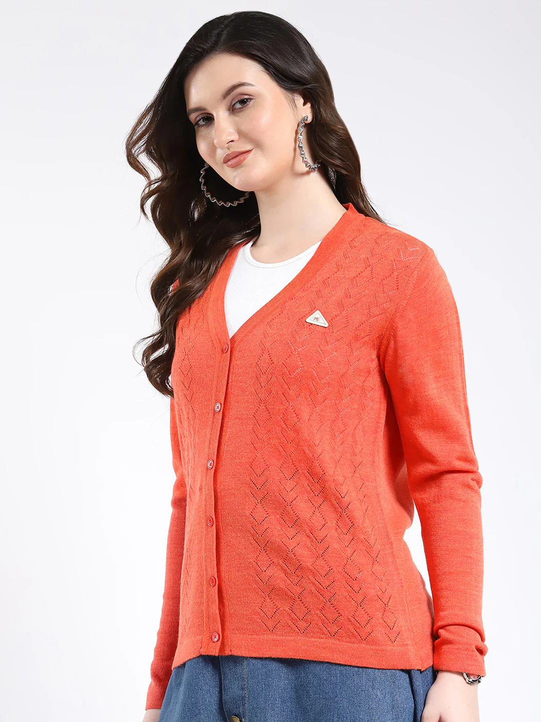 Women Orange Self Design V Neck Full Sleeve Cardigan - Image 3