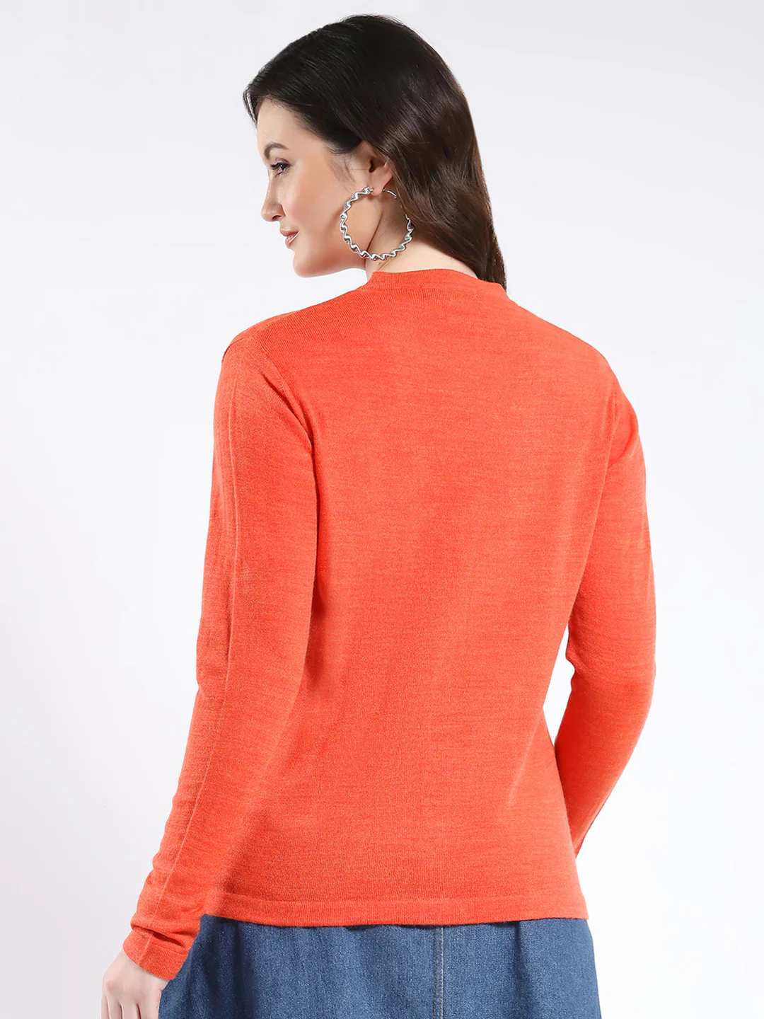 Women Orange Self Design V Neck Full Sleeve Cardigan - Image 5