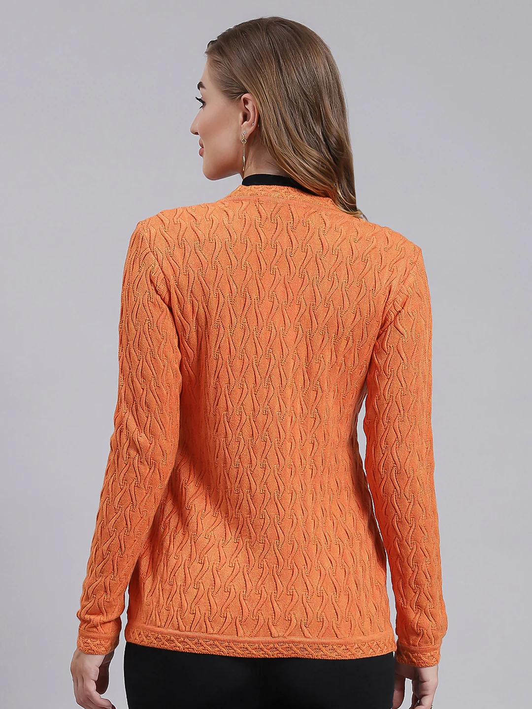 Women Orange Self Design Wool blend Cardigan - Image 4