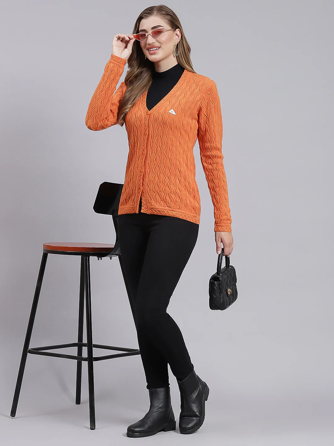 Women Orange Self Design Wool blend Cardigan - Image 5