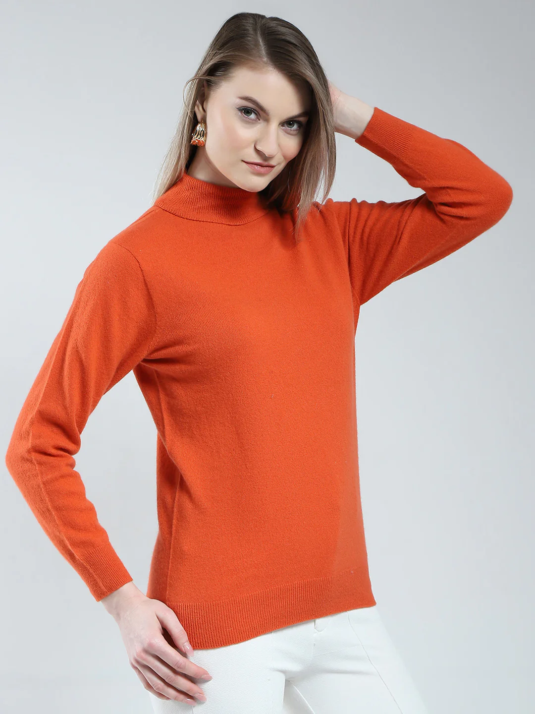 Women Orange Solid High Neck Full Sleeve Winter Top - Image 4