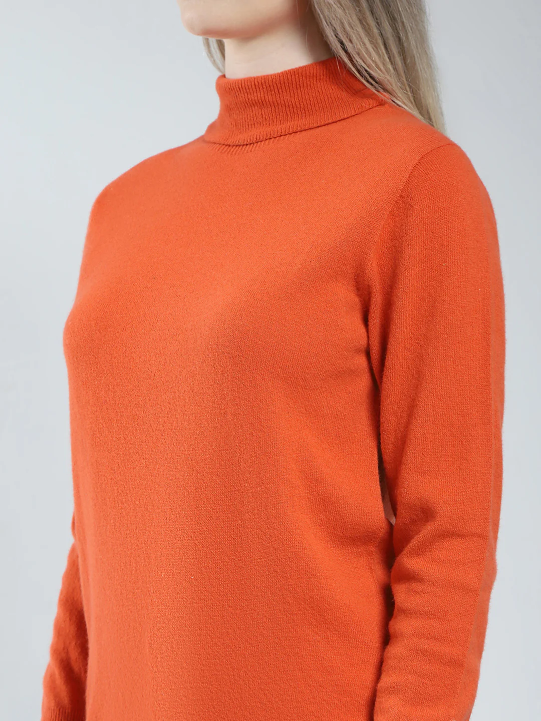 Women Orange Solid High Neck Full Sleeve Winter Top - Image 6