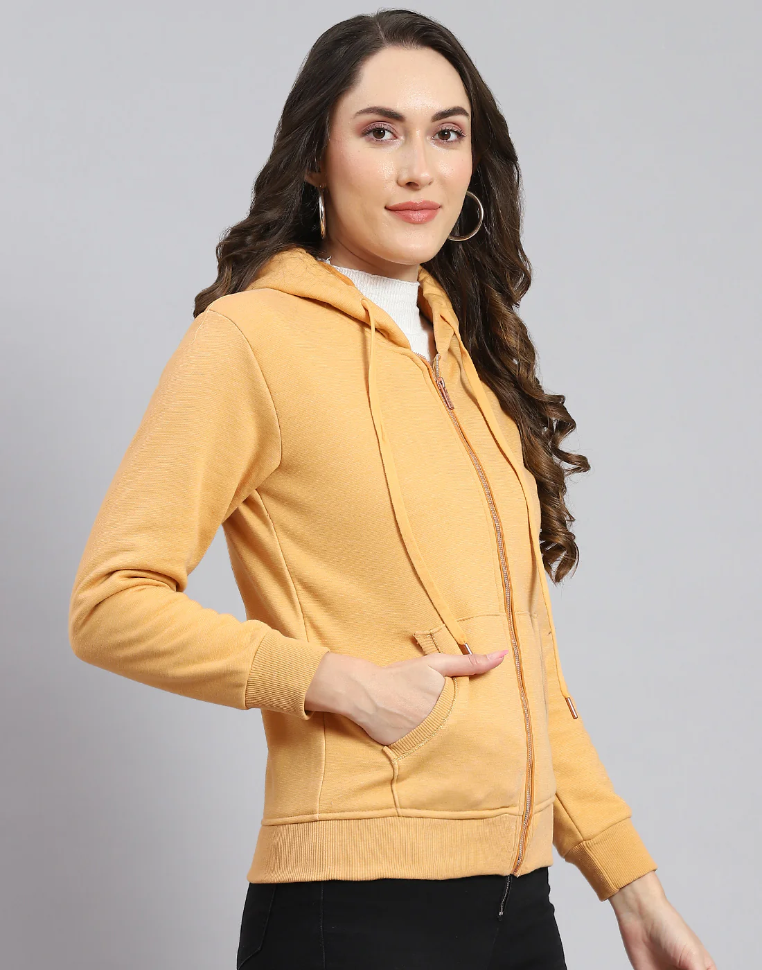 Women Orange Solid Hooded Full Sleeve Sweatshirt - Image 4