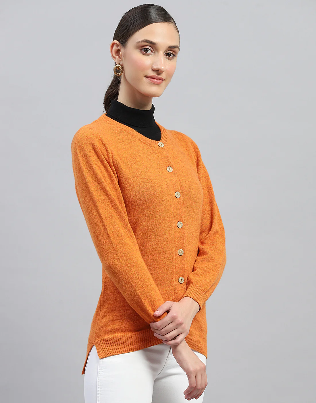 Women Orange Solid Round Neck Full Sleeve Cardigan - Image 4
