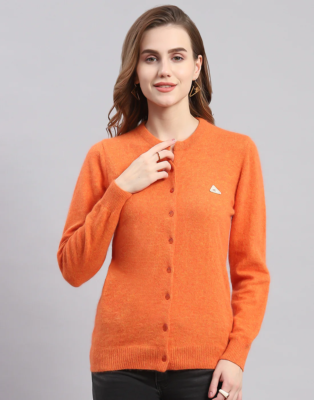 Women Orange Solid Round Neck Full Sleeve Cardigan - Image 3