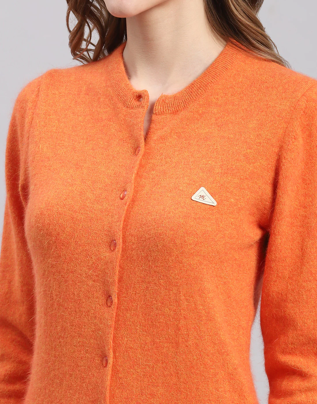 Women Orange Solid Round Neck Full Sleeve Cardigan - Image 6
