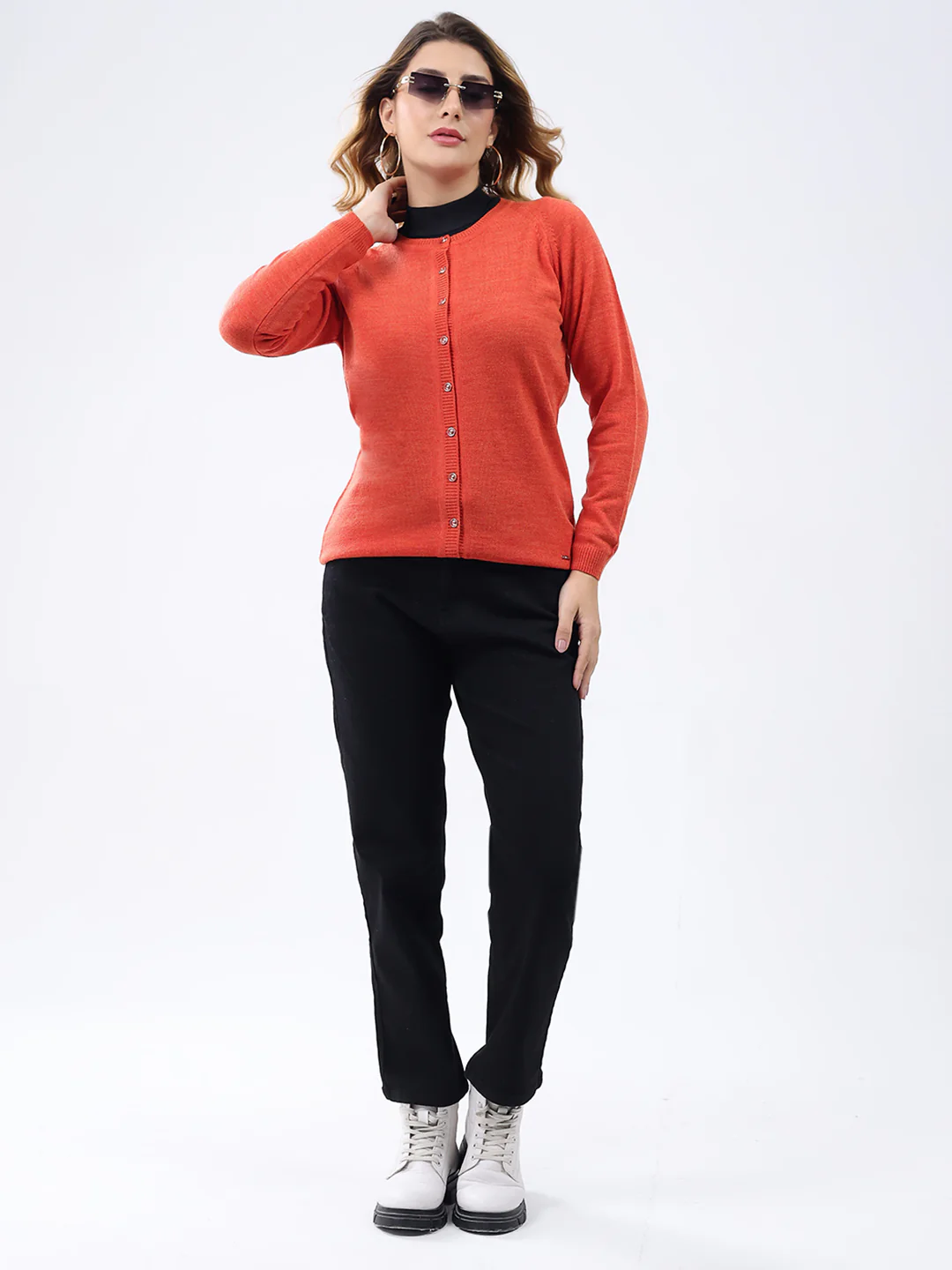 Women Orange Solid Round Neck Full Sleeve Cardigan - Image 2
