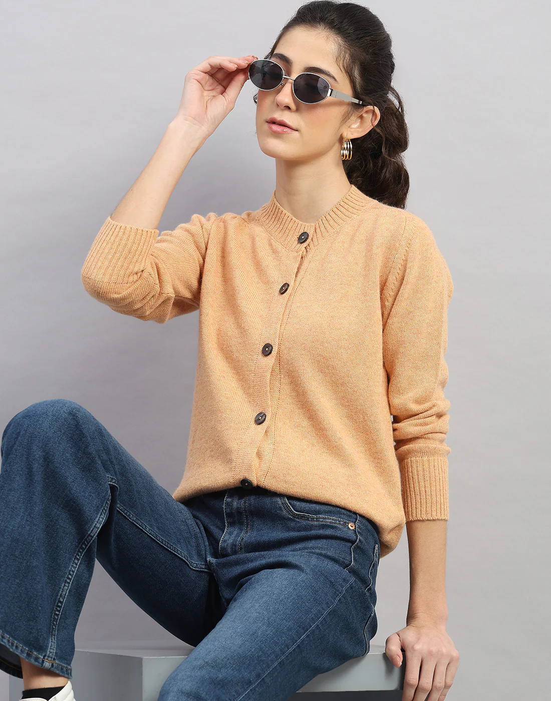 Women Orange Solid Round Neck Full Sleeve Cardigan - Image 6