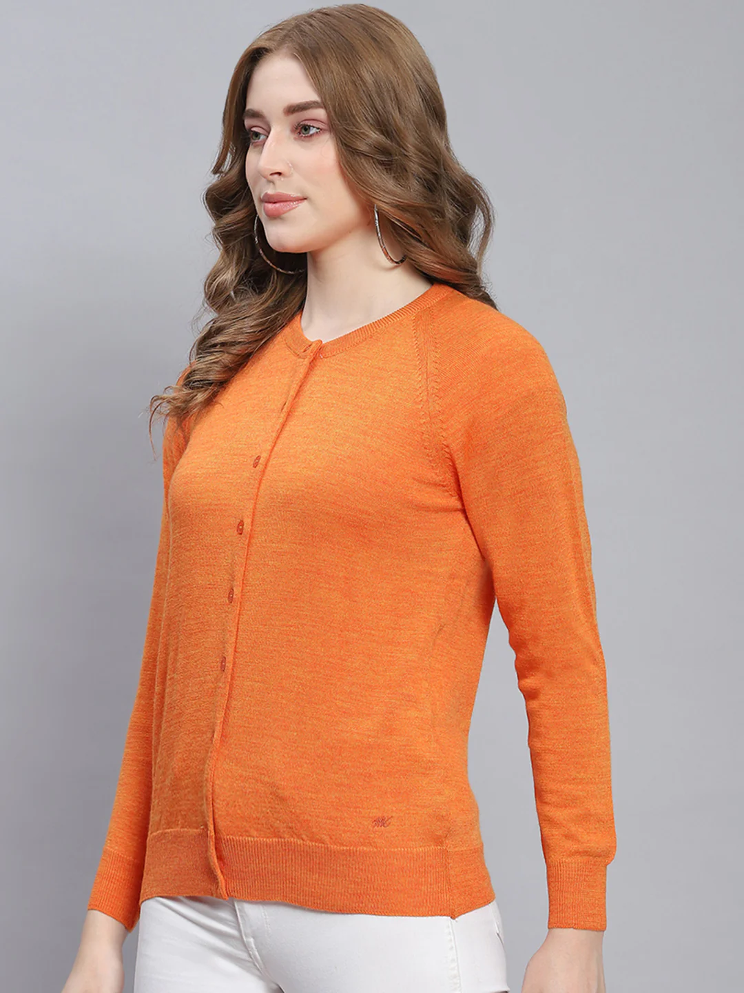 Women Orange Solid Round Neck Full Sleeve Cardigans - Image 3