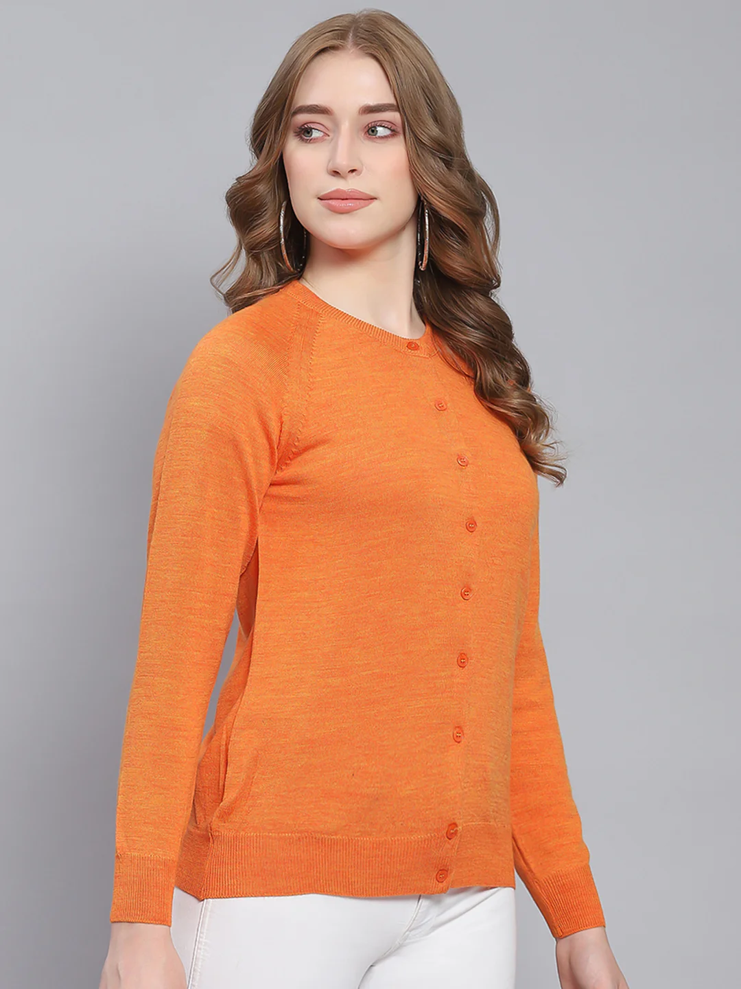 Women Orange Solid Round Neck Full Sleeve Cardigans - Image 4