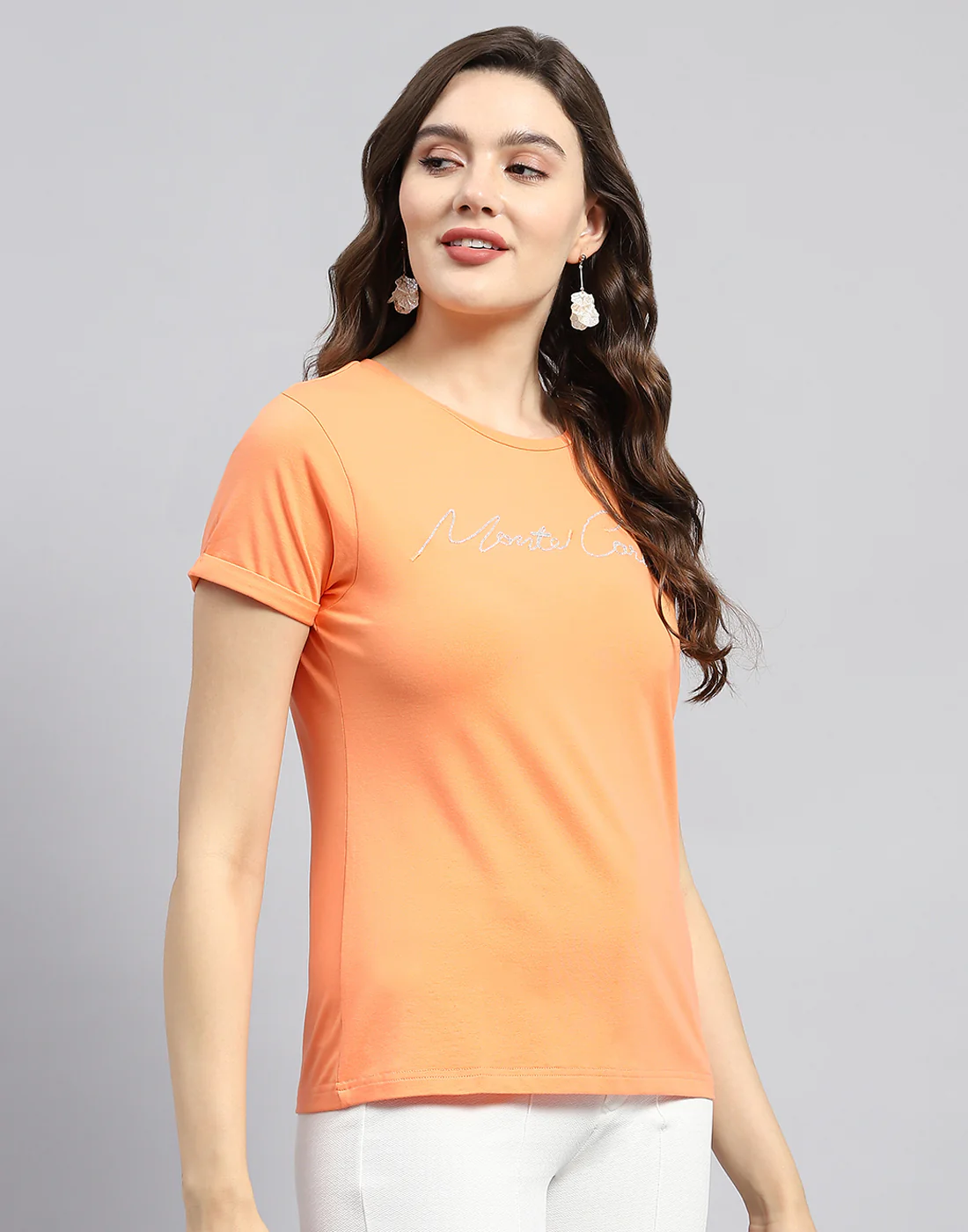 Women Orange Solid Round Neck Half Sleeve Top - Image 4
