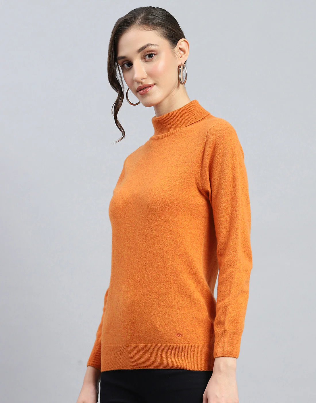 Women Orange Solid Turtle Neck Full Sleeve Winter Top - Image 3