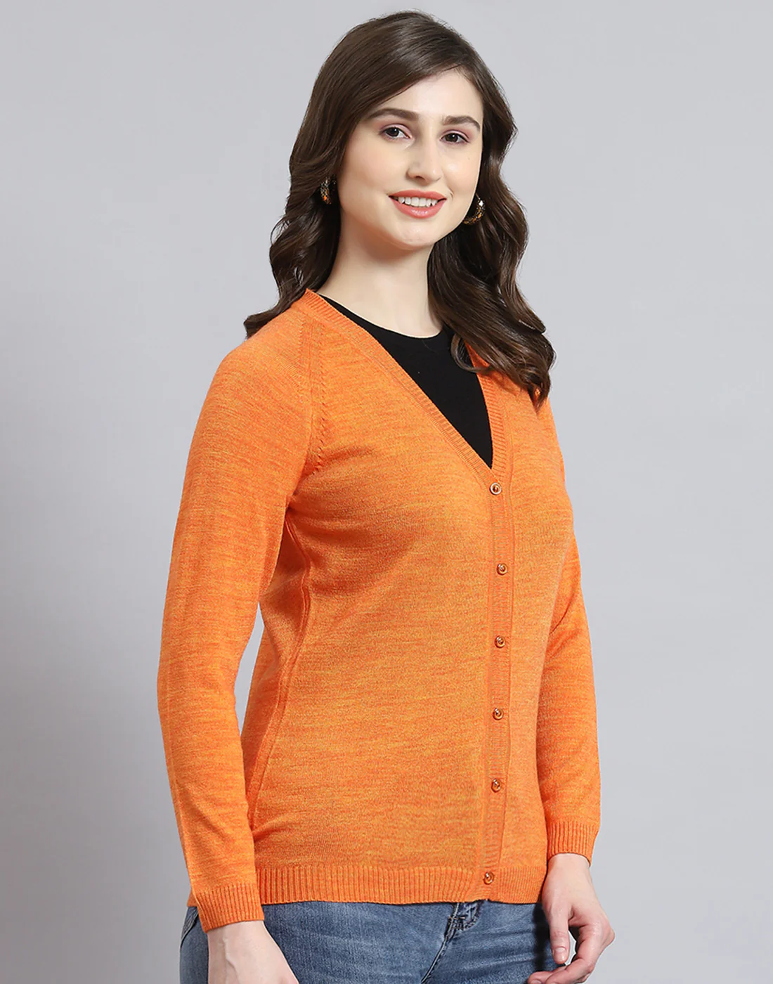 Women Orange Solid V Neck Full Sleeve Cardigan - Image 4
