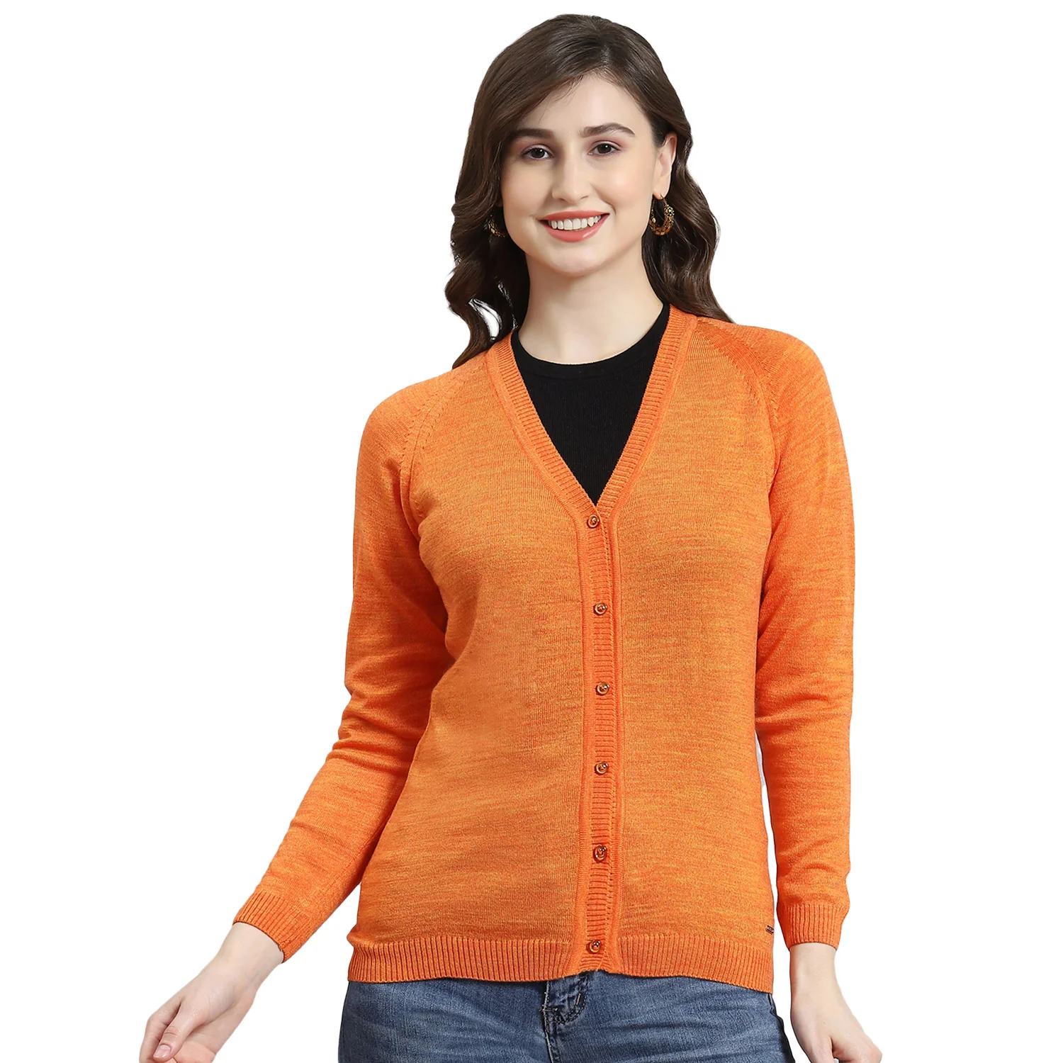 Women Orange Solid V Neck Full Sleeve Cardigan - Image 5