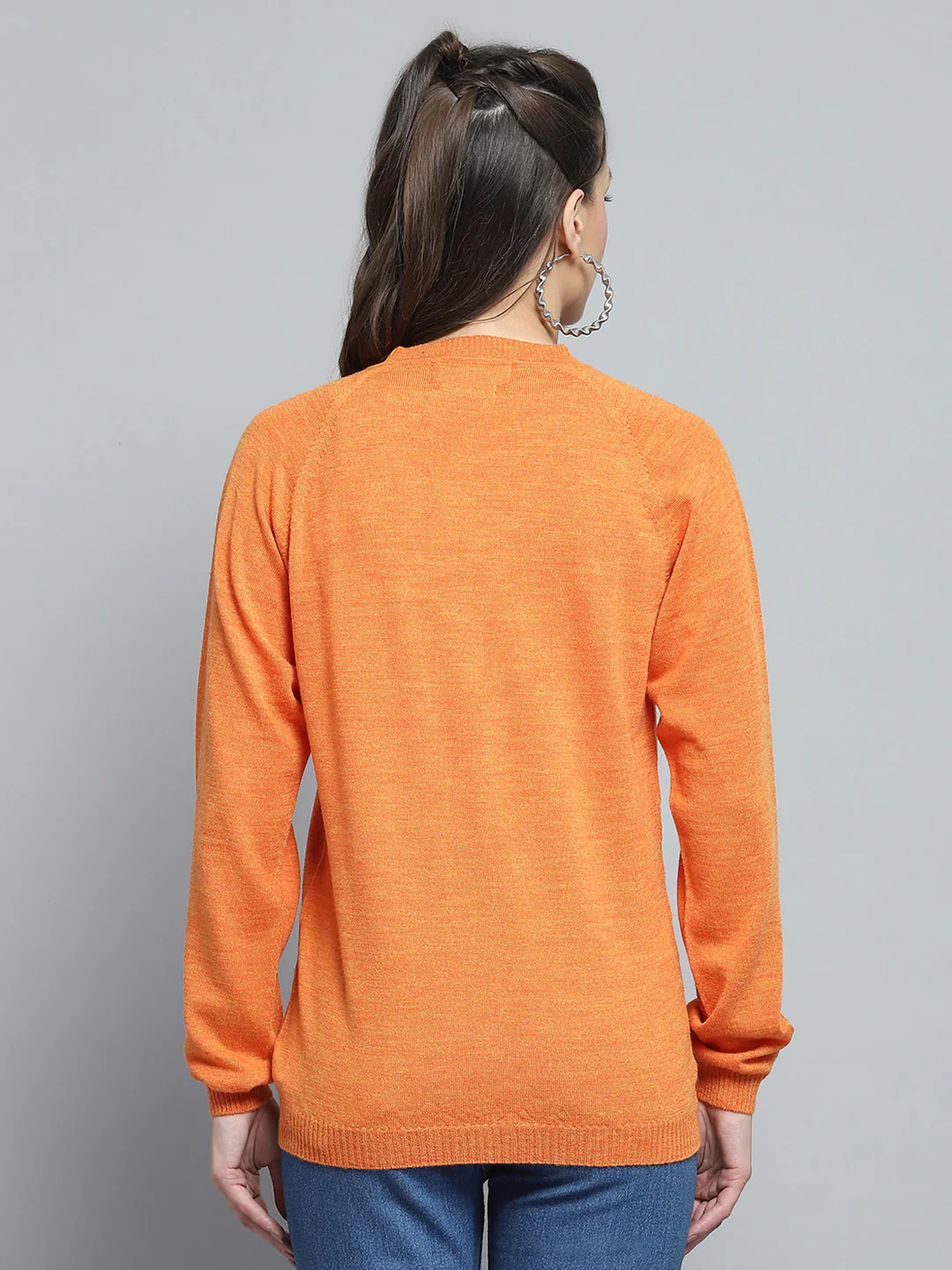 Women Orange Solid V Neck Full Sleeve Cardigan - Image 5